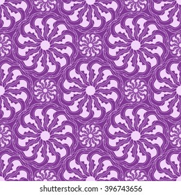 Seamless creative hand-drawn pattern of stylized flowers in bright violet and pale lilac colors. Vector illustration.
