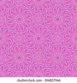 Seamless creative hand-drawn pattern of stylized flowers in bright purple and white colors. Vector illustration.