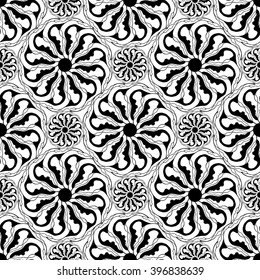 Seamless creative hand-drawn pattern of stylized flowers in black and white colors. Vector illustration.