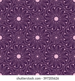 Seamless creative hand-drawn pattern of stylized flowers in dark violet and pale pink colors. Vector illustration.