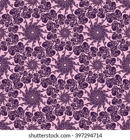 Seamless creative hand-drawn pattern of stylized flowers in dark violet and pale pink colors. Vector illustration.