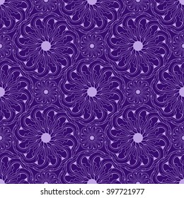 Seamless creative hand-drawn pattern of stylized flowers in pale lilac and dark violet colors. Vector illustration.