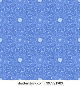 Seamless creative hand-drawn pattern of stylized flowers in pale cornflower blue and azure colors. Vector illustration.