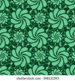 Seamless creative hand-drawn pattern of stylized flowers in pale jade and dark green colors. Vector illustration.