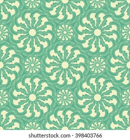 Seamless creative hand-drawn pattern of stylized flowers in pale yellow and light olive colors. Vector illustration.