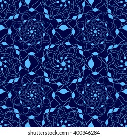 Seamless creative hand-drawn pattern of stylized flowers in bright cyan and indigo colors. Vector illustration.