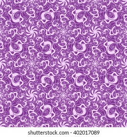 Seamless creative hand-drawn pattern of stylized flowers in bright violet and pale lilac colors. Vector illustration.