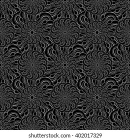Seamless creative hand-drawn pattern of stylized flowers in black and white colors. Vector illustration.