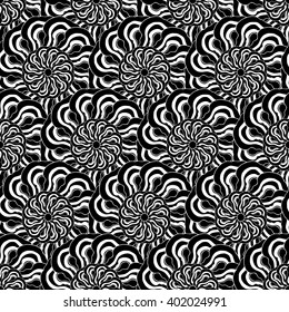 Seamless creative hand-drawn pattern of stylized flowers in black and white colors. Vector illustration.