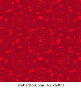 Seamless creative hand-drawn pattern of stylized flowers in bright red and maroon colors. Vector illustration.