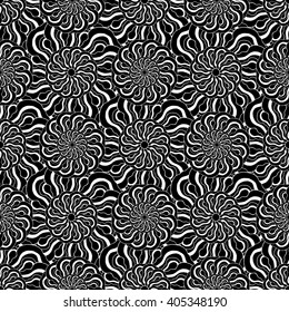 Seamless creative hand-drawn pattern of stylized flowers in black and white colors. Vector illustration.