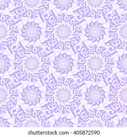 Seamless creative hand-drawn pattern of stylized flowers in pale violet and white colors. Vector illustration.
