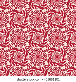 Seamless creative hand-drawn pattern of stylized flowers in pale rose and dark red colors. Vector illustration.