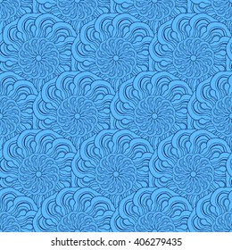 Seamless creative hand-drawn pattern of stylized flowers in bright cyan and indigo colors. Vector illustration.
