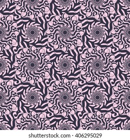 Seamless creative hand-drawn pattern of stylized flowers in pale magenta and dark brown colors. Vector illustration.
