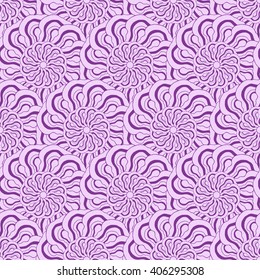 Seamless creative hand-drawn pattern of stylized flowers in bright violet and pale lilac colors. Vector illustration.