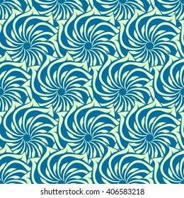 Seamless creative hand-drawn pattern of stylized flowers in pale pistachio and cerulean blue colors. Vector illustration.