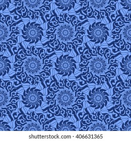 Seamless creative hand-drawn pattern of stylized flowers in cornflower and cerulean blue colors. Vector illustration.