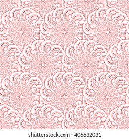 Seamless creative hand-drawn pattern of stylized flowers in white and bright scarlet colors. Vector illustration.