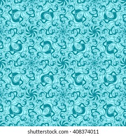 Seamless creative hand-drawn pattern of stylized flowers in light turquoise and blue-green colors. Vector illustration.