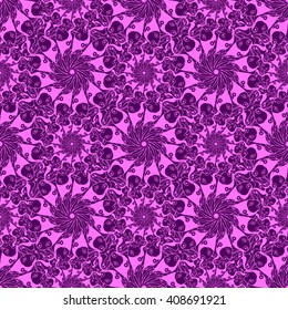 Seamless creative hand-drawn pattern of stylized flowers in dark violet and bright magenta colors. Vector illustration.