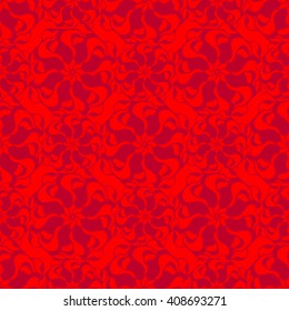 Seamless creative hand-drawn pattern of stylized flowers in bright scarlet and maroon colors. Vector illustration.