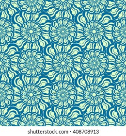 Seamless creative hand-drawn pattern of stylized flowers in pale pistachio and cerulean blue colors. Vector illustration.