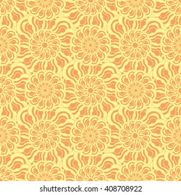 Seamless creative hand-drawn pattern of stylized flowers in pale yellow and peach-orange colors. Vector illustration.