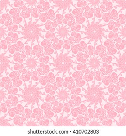 Seamless creative hand-drawn pattern of stylized flowers in pastel pink and light rose colors. Vector illustration.
