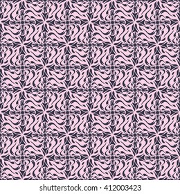 Seamless creative hand-drawn pattern of stylized flowers in pale magenta and dark brown colors. Vector illustration.