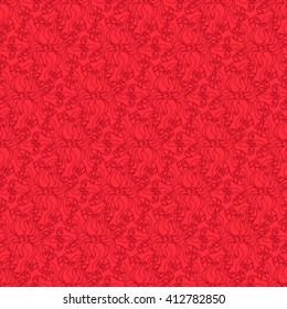 Seamless creative hand-drawn pattern of stylized flowers in bright red and dark burgundy colors. Vector illustration.