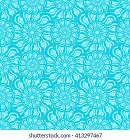 Seamless creative hand-drawn pattern of stylized flowers in light cyan and bright turquoise colors. Vector illustration.