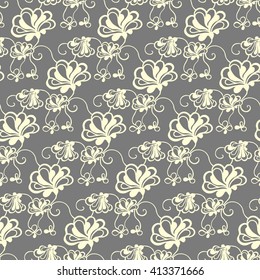 Seamless creative hand-drawn pattern of stylized flowers in pale yellow and gray colors. Vector illustration.