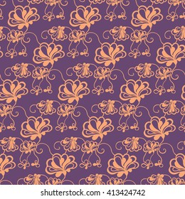 Seamless creative hand-drawn pattern of stylized flowers in peach and pale violet colors. Vector illustration.