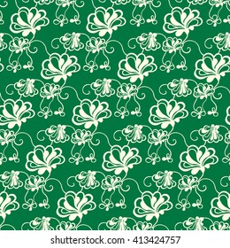 Seamless creative hand-drawn pattern of stylized flowers in light yellow and dark green colors. Vector illustration.