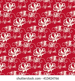 Seamless creative hand-drawn pattern of stylized flowers in pale rose and dark red colors. Vector illustration.
