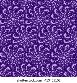 Seamless creative hand-drawn pattern of stylized flowers in pale lilac and dark violet colors. Vector illustration.