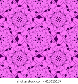 Seamless creative hand-drawn pattern of stylized flowers in dark violet and bright magenta colors. Vector illustration.