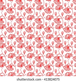 Seamless creative hand-drawn pattern of stylized flowers in white and bright scarlet colors. Vector illustration.