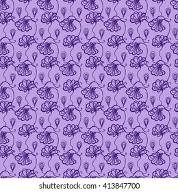 Seamless creative hand-drawn pattern of stylized flowers in pale lilac and dark violet colors. Vector illustration.