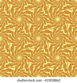 Seamless creative hand-drawn pattern of stylized flowers in yellow and light brown colors. Vector illustration.