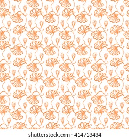 Seamless creative hand-drawn pattern of stylized flowers in white and bright orange colors. Vector illustration.
