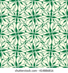 Seamless creative hand-drawn pattern of stylized flowers in light yellow and dark green colors. Vector illustration.