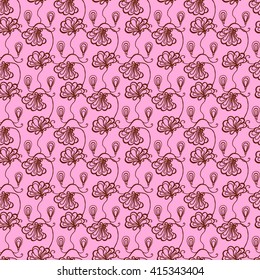 Seamless creative hand-drawn pattern of stylized flowers in pale pink and brown colors. Vector illustration.