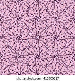 Seamless creative hand-drawn pattern of stylized flowers in dark violet and pale pink colors. Vector illustration.