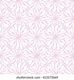 Seamless creative hand-drawn pattern of stylized flowers in white and pastel pink colors. Vector illustration.