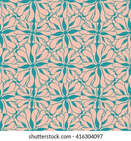 Seamless creative hand-drawn pattern of stylized flowers in pale pink and blue-green colors. Vector illustration.