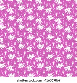 Seamless creative hand-drawn pattern of stylized flowers in bright purple and white colors. Vector illustration.
