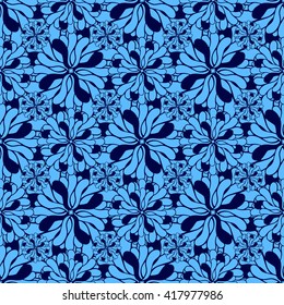 Seamless creative hand-drawn pattern of stylized flowers in bright cyan and indigo colors. Vector illustration.
