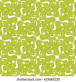 Seamless creative hand-drawn pattern of stylized flowers in white and yellow-green colors. Vector illustration.